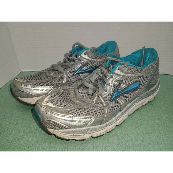 Brooks Addiction Womens 7.5 Athletic Running Comfort Training Shoes Silver Teal - Picture 2 of 4